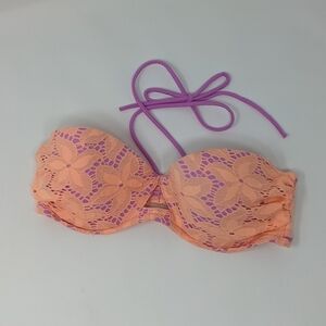 Victoria Secret Halter Swimsuit Bikini Top Size 32  D Coral Purple Lace